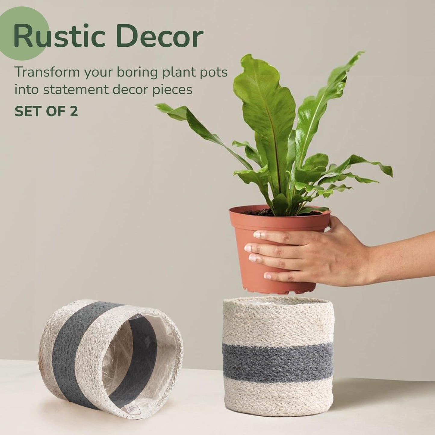 Jute Planter Basket-Woven Jute Rope Covers for Decorating Indoor/Outdoor Succulents, Small Plant Pots-Set of 2-Multi-Purpose Storage Bins 6.5 Inches - Modern Style Décor - Gray & White