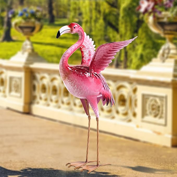 Natelf Garden Flamingo Statues and Sculptures, Outdoor Metal Bird Yard Art, Pink Flamingos Lawn Ornament for Patio Backyard Porch Decorations