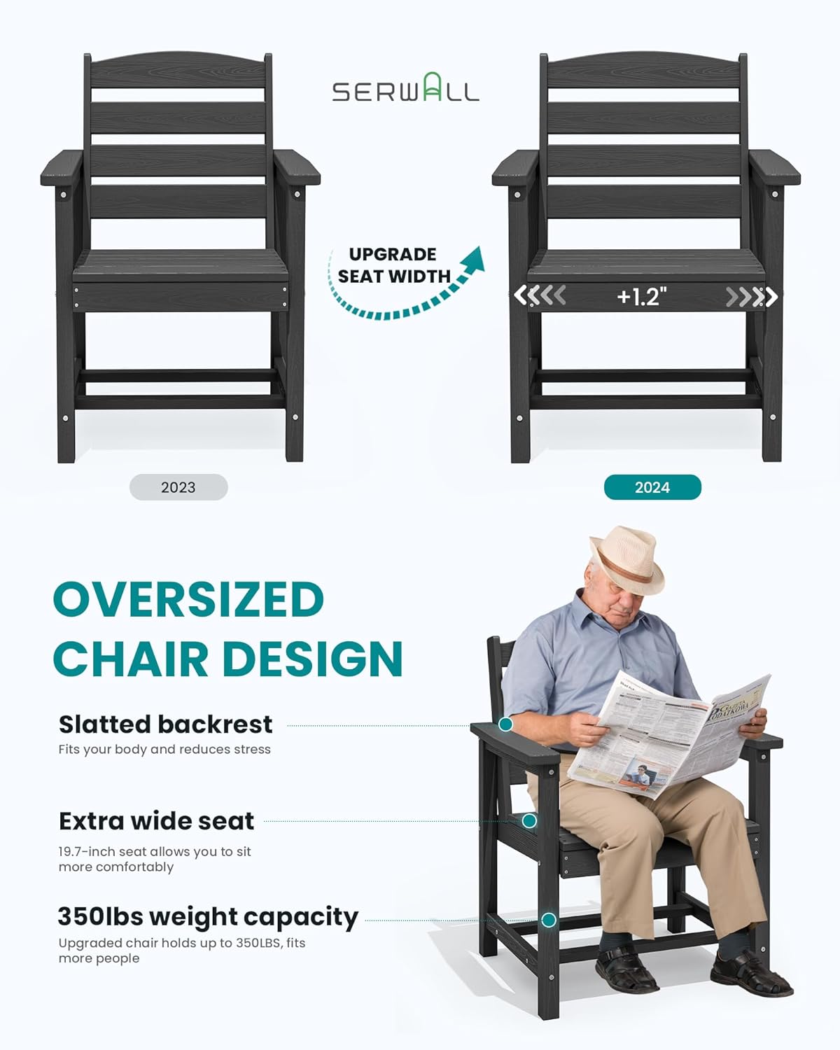 SERWALL 7-Piece Patio Dining Table Sets, Outdoor HDPE Dining Furniture Set with Umbrella Hole Cut-Out Table and 6 Chairs, Black