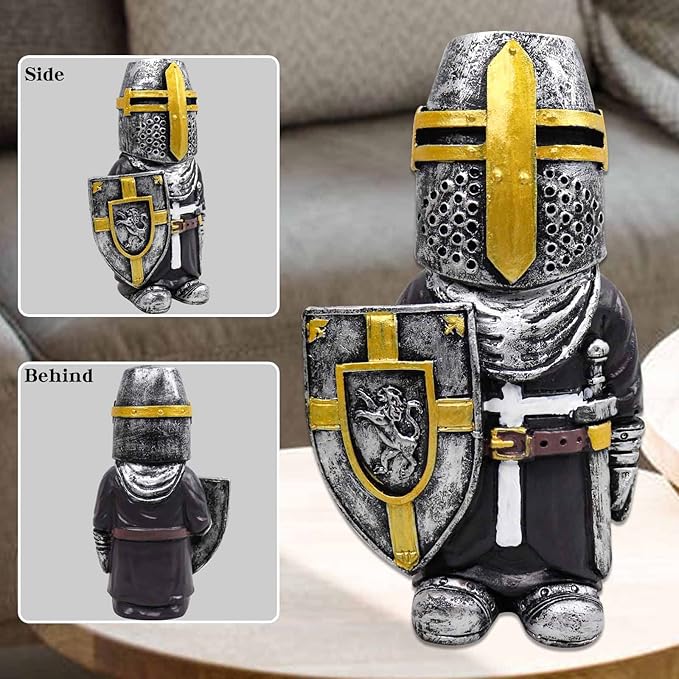 nezababy Knight Gnomes Guard Garden Statue Decoration Medieval Wee Crusader Battle Swordsman Fighting Outdoor Figurines Lawn Decor Resin (F)