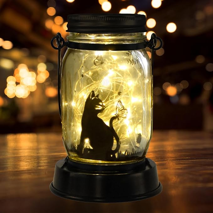 Christmas Garden Decor Cat Lover Gifts Cat Solar Lights, Christmas Gift for Mother/Grandma/Women,Cat Garden Gift, Yard Cat Gift, Lantern Decor, Patio Outdoor Waterproof Cat Solar Lanterns