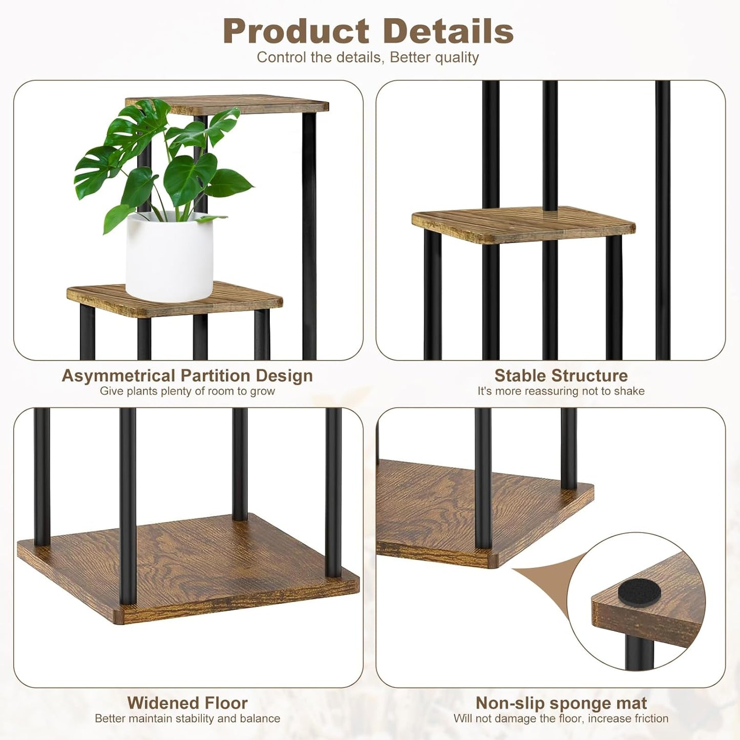 4 Tier Wood Tall Plant Stand Metal Rack Indoor, Multiple Flower Pot Holder Shelves Corner Rack, Planter Shelf Display Rack Storage Organizer for Patio Living Room Balcony Garden(Black)