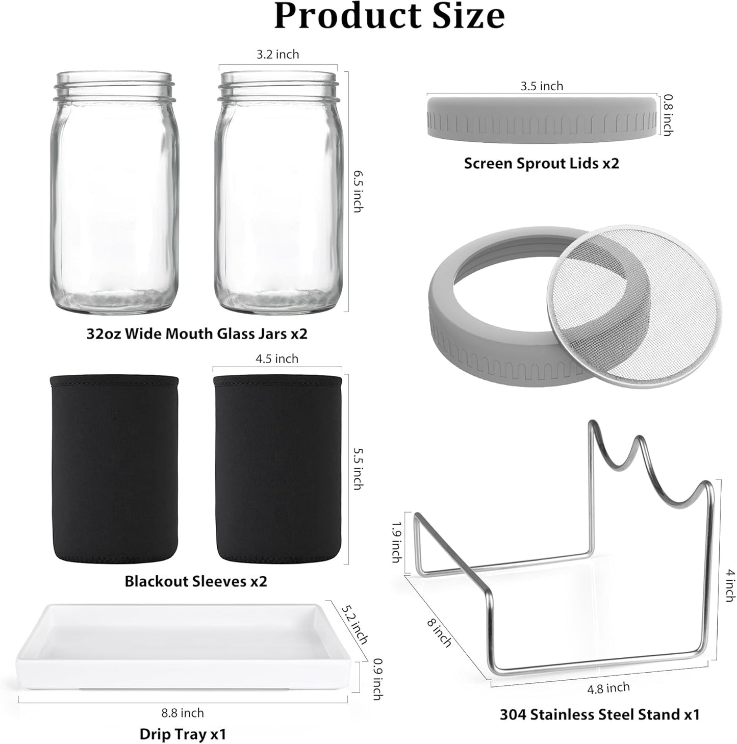 Organic Seed Sprouting Jar Kit – 2 × 32 oz Wide-Mouth Mason Jars with Stainless-Steel Sprouter Lids & Stand, Blackout Sleeves, Drain Tray – Grow Broccoli, Alfalfa & Bean Microgreens