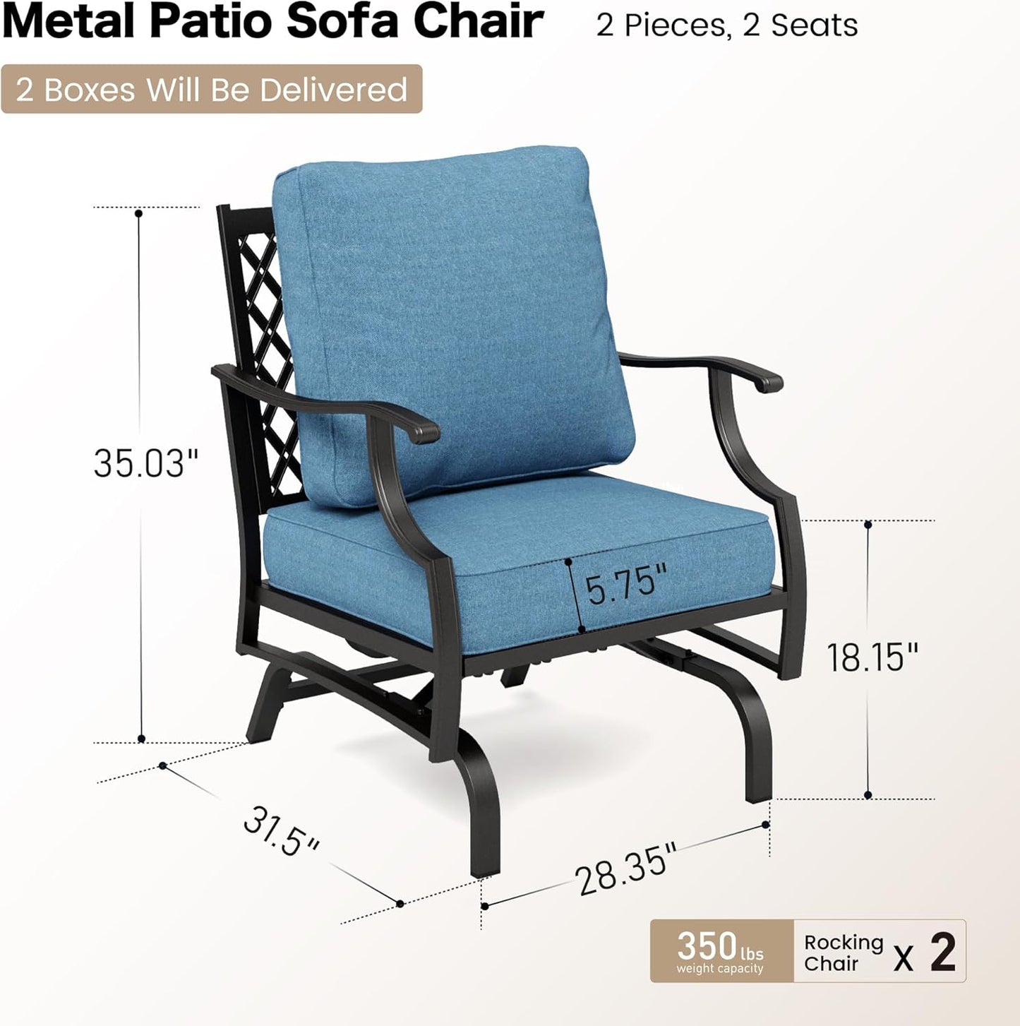 Metal Outdoor Rocker Patio Chairs Set of 2 with 5.75" Extra Thick Cushion, 2 Piece High Back Rocker Patio Chairs All Weather Outdoor Furniture Seating for Deck Balcony Porch, Navy