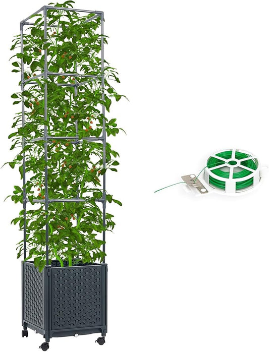 Raised Garden Bed with Tomato Cage 56.7” Self Watering Tomato Planter Boxes with Trellis Wheels for Outdoor Climbing Flowers Vegetable Vine Vegetables