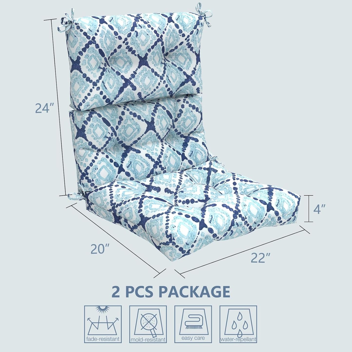 LVTXIII Outdoor Tufted High Back Cushions Set of 2 Patio Seasonal Replacement Rocking Chair Cushion with Ties, Solid Seat and Back Chair Cushion, (44” L x 22W”, Boho Geometry Blue)