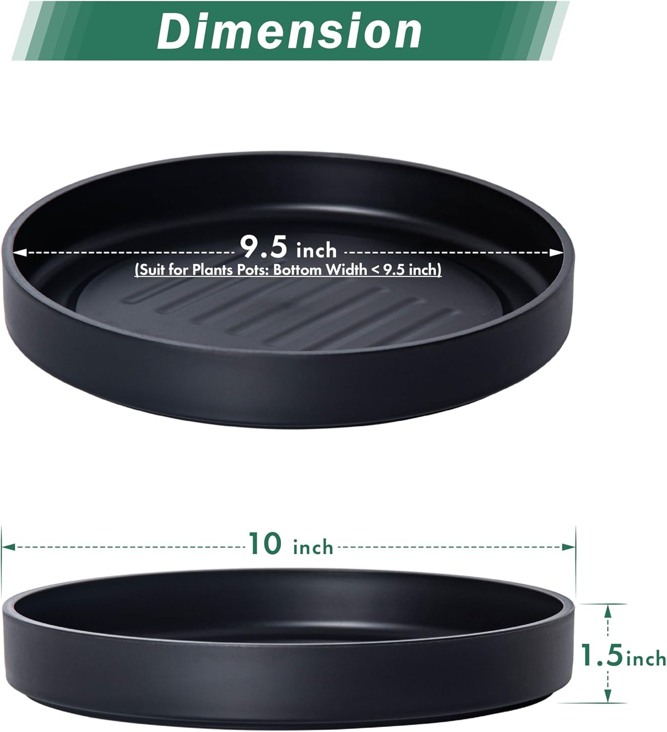 Phoenix Vine 10 Inch Plastic Plant Saucer Water Drip Tray, Heavy Sturdy Round Plant Drainage Tray for Indoors Outdoor, Set of 2, Matte Black, 21-TY-10B-2