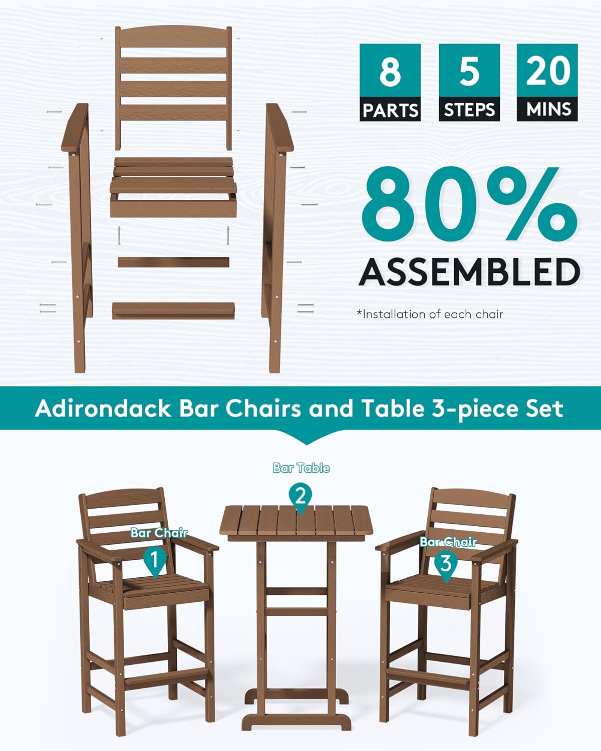 SERWALL Balcony Adirondack Chairs and Table 3 Pieces Set, Adirondack Bar Height Chairs Set of 2 and Bar Table, Outdoor Bar Stools Set for Bistro, Poolside, Backyard, Brown