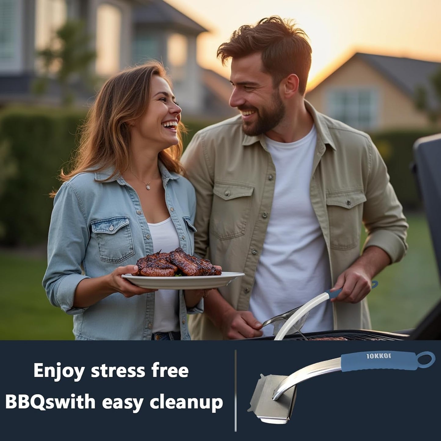 Grill Brush Bristle Free with Long Handle,Non Metal Grill Scraper for Outdoor BBQ,Stainless Steel Safe Steam Cleaner, Includes 2 Replaceable Heads for Grilling Effortless Blue