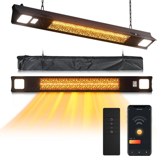 Wall-Mounted Electric Heater Hanging Patio with Light Ceiling Outdoor, 1500W Infrared 9 Heat Levels, 24H Timers, 1s Heating Carbon Fiber Tube Wall Heater for Backyard, Garage