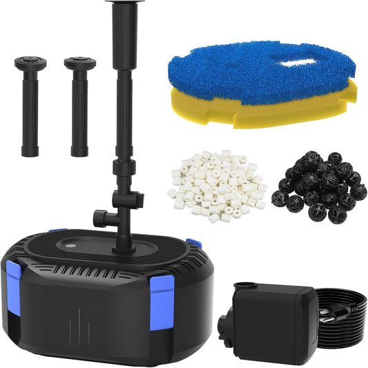 AquaMiracle All-in-One Koi Pond Filters for Outdoor Ponds 200-350 Gal, Pond Fountain Pump with 3 Spray Patterns, Fountain Kit with 400GPH Water Pump for Garden, Water Feature, Bird Baths