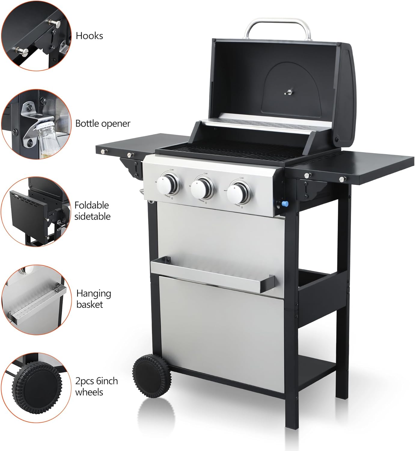 3-Burner Propane Gas BBQ Grill with Side Burner - Stainless Steel 30,000 BTU Patio Garden Barbecue Grill with Two Foldable Shelves