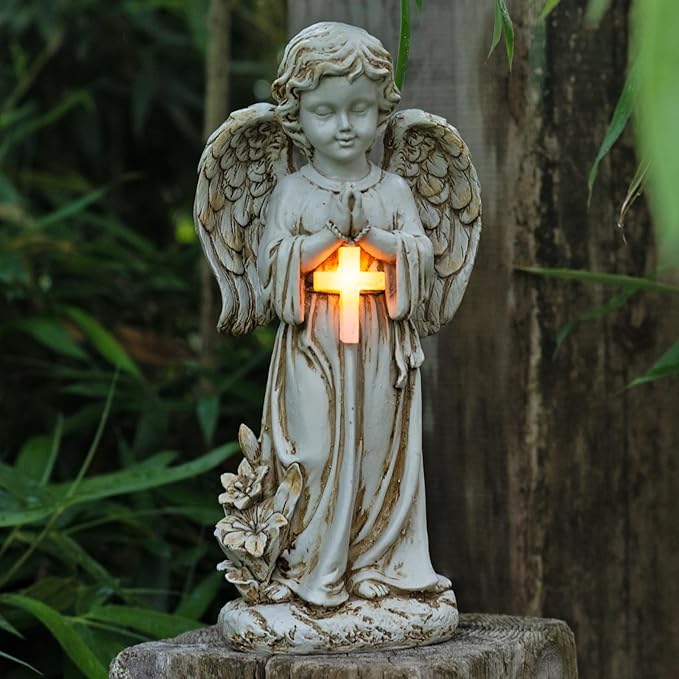 Angel Statue for Garden,Solar Angel for Cemetery Decorations,Garden Memorial Angel,Resin Praying Angel Figurine for Patio Lawn Yard Porch Decorations,12.12inch