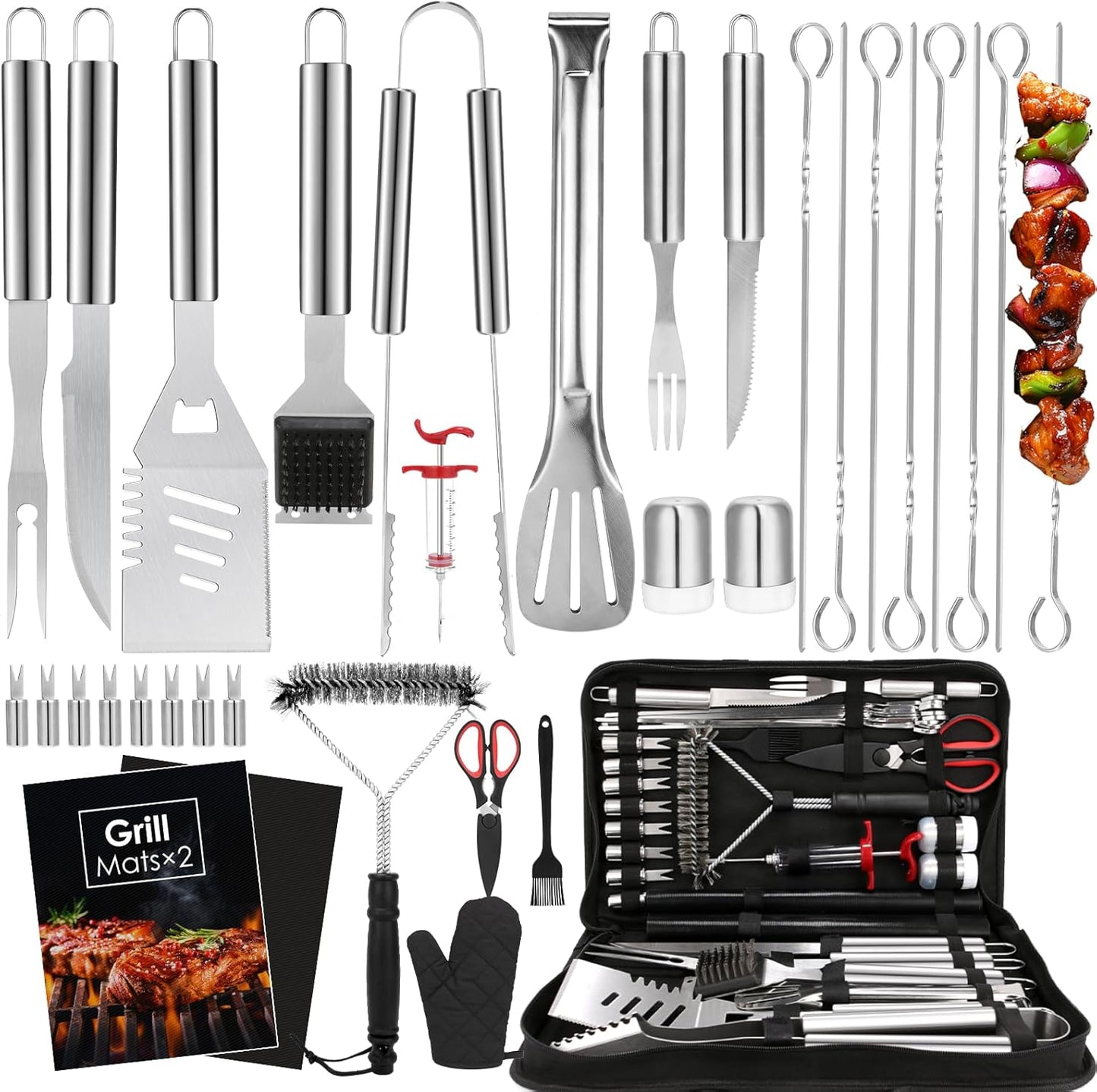 Yoehka BBQ Grilling Accessories Set, 34Pcs Heavy Duty Grill Tools for Outdoor Camping, Grilling Gifts for Men Dad, Stainless Steel Barbecue Utensils Kit with Mats and Glove in Carrying Bag, Silver