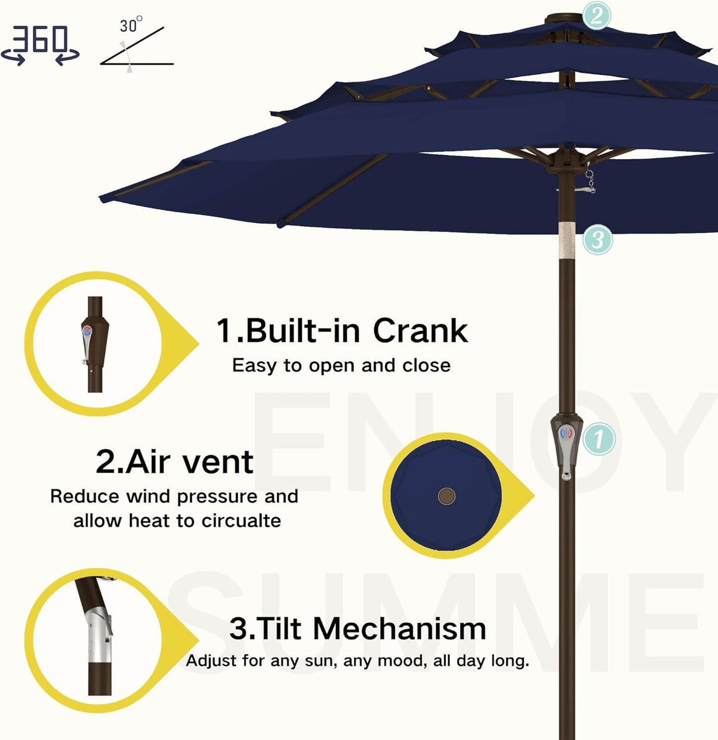 Kingdura 10ft 3-Tier Patio Umbrella, Outdoor Table Umbrella with Easy Crank & Tilt, 8 Reinforced Ribs, UV Protection for Deck, Pool, Market, Backyard (Navy blue)