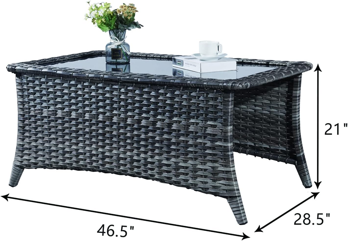 Patio Tables Wicker Coffee Table - Outdoor Rattan Coffee Tables with Glass Top for Patio Proch Deck Balcony Rectangle Mixed Grey