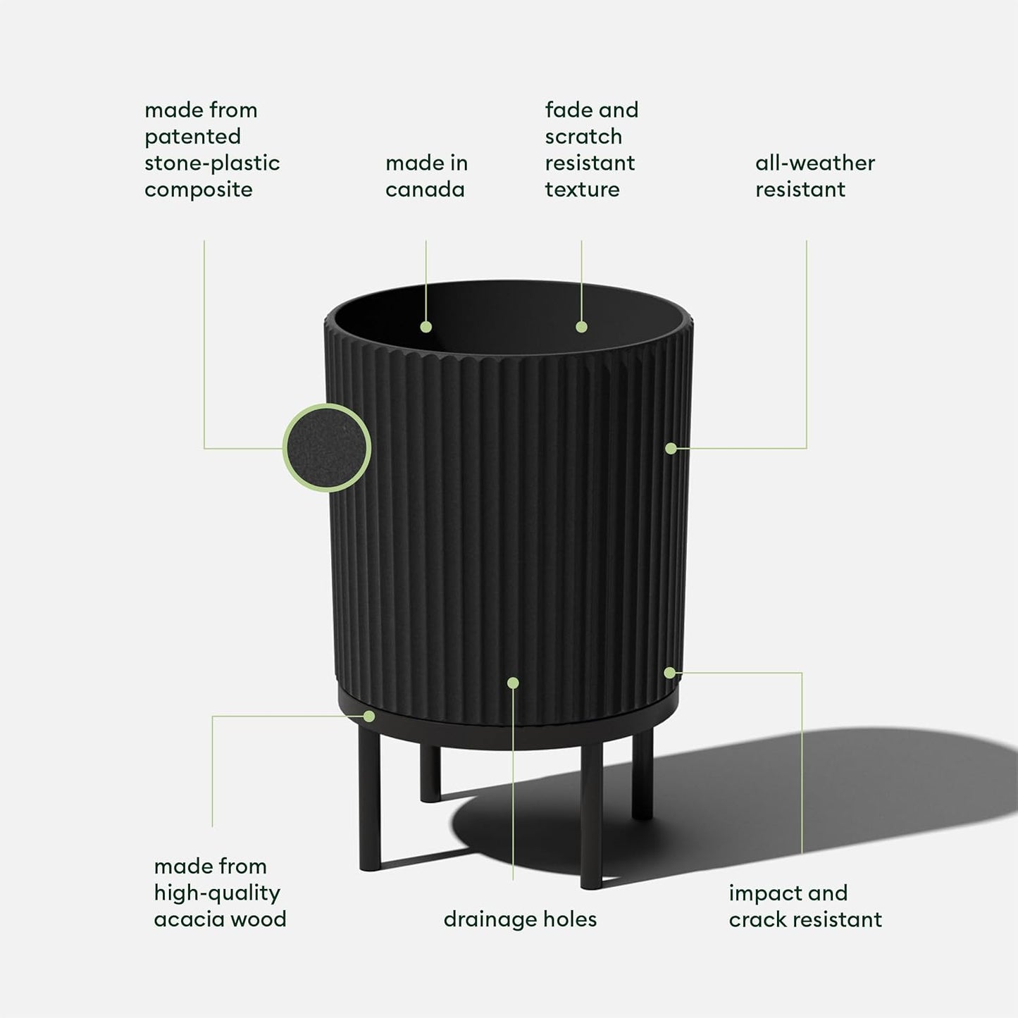 Veradek Demi Series Round Planter w/Stand for Porch/Patio | Durable Plastic-Stone Composite & Wooden Stand | Modern Décor for Tall Plants, Flowers