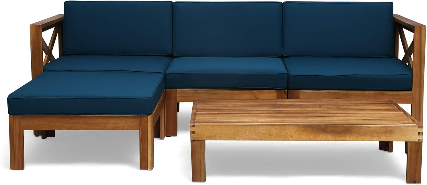 Christopher Knight Home Mamie Outdoor Acacia Wood 5 Piece Sofa Set, Teak Finish, Dark Teal