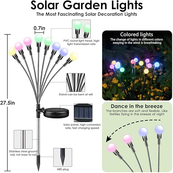 BOSSERN 2025 Solar Garden Lights, 8 Pack Solar Firefly Lights, Solar Sway Lights Outdoor Waterproof, Solar Twinkle Swaying Fairy Light for Yard Patio Pathway Garden Decoration (Multi Color)