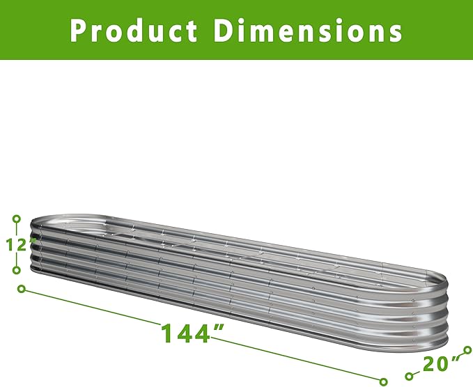 KFN 12x1.8x1FT Galvanized Raised Garden Bed,Raised Garden Bed Kit-Oval Metal Vegetable Box,Large Planter Flower Boxes Outdoor,Planting for Vegetables,Flower,Herb,Sliver,0.7mm