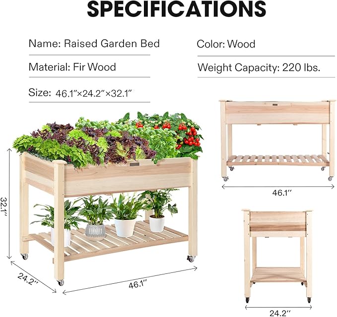 VIVOSUN Elevated Wooden Raised Garden Bed, 46 x 24 x 32 Inches, Mobile Outdoor Planter Box with Storage Shelf and Protective Liner for Outdoor Use, with Lockable Wheels
