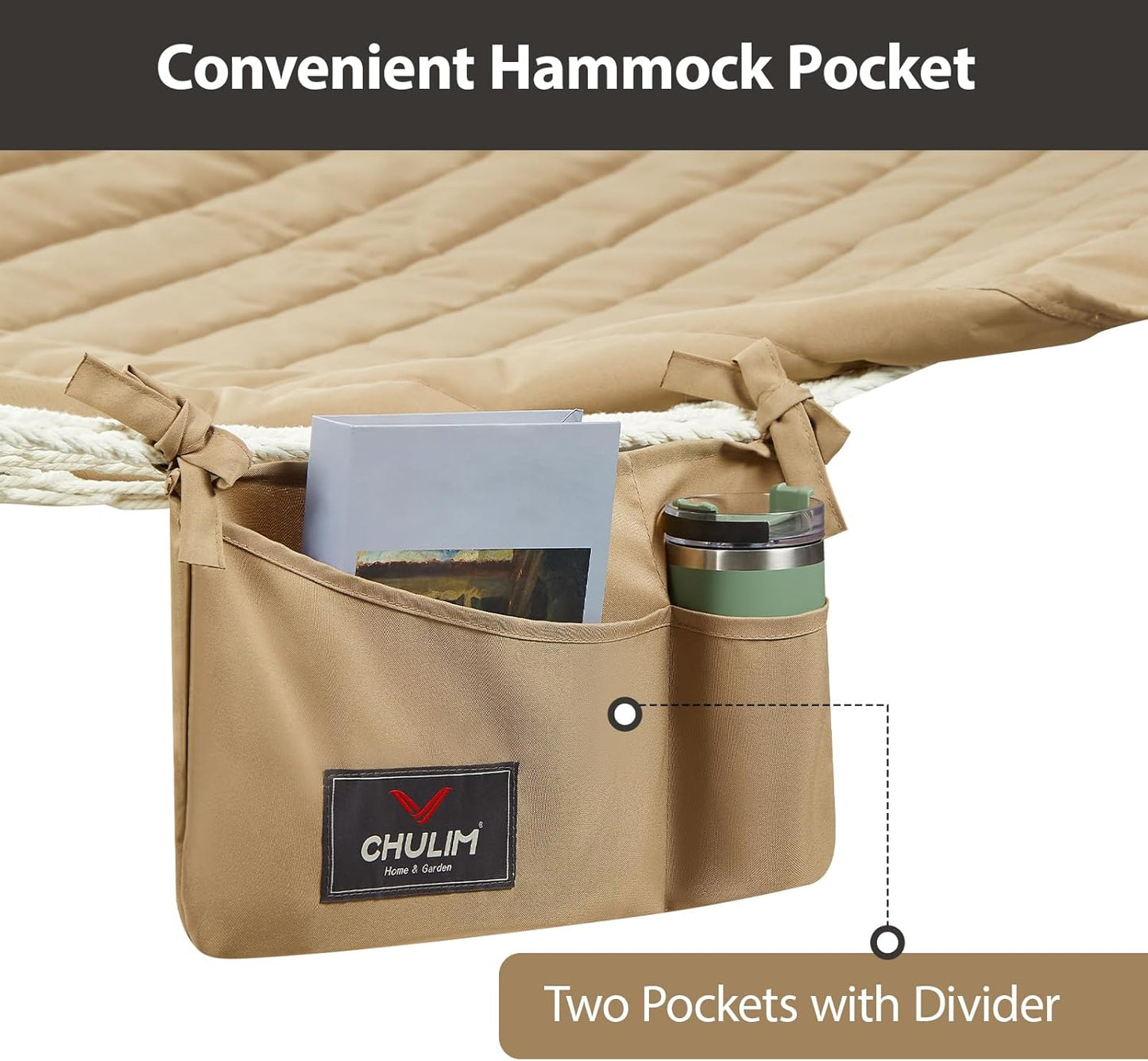 Outdoor Double Hammock with Hardwood Spreader Bars, Large Rope Hammock with Polyester Pad and Pillow, 475 LBS Capacity for 2 Person Patio Backyard Poolside - Tan