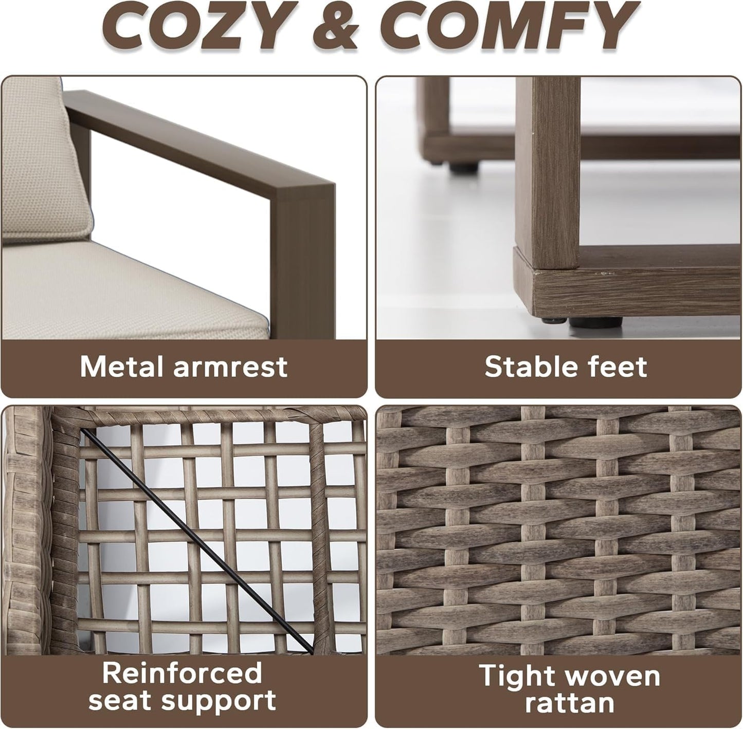 75" Patio Metal Wicker Sofa, All Weather Outdoor Rattan 3-Seat Sofa Couch with Premium Cushions & Rectangular Framed Wood-Looking Metal Armrest for Garden Backyard Porch Deck, Beige