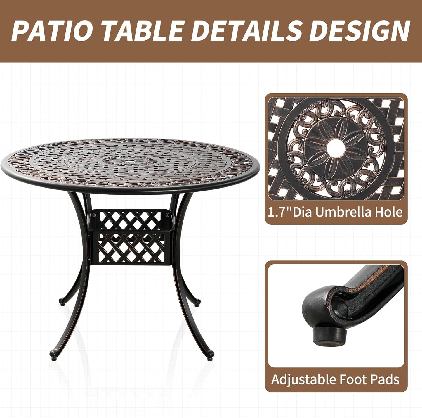 Cast Aluminum Outdoor Dining Table 42" Round Patio Dining Table with 1.7" Umbrella Hole,Large Garden Patio Table for 4-6 People, Bronze