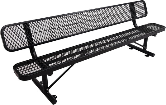 Thermoplastic Coated Iron Park Bench for Outside, Heavy Duty Metal Garden Bench, Expanded Commercial Grade Seating for Shopping Malls, Lawn Yard Porch Entryway (Black with Backrest, 96IN)