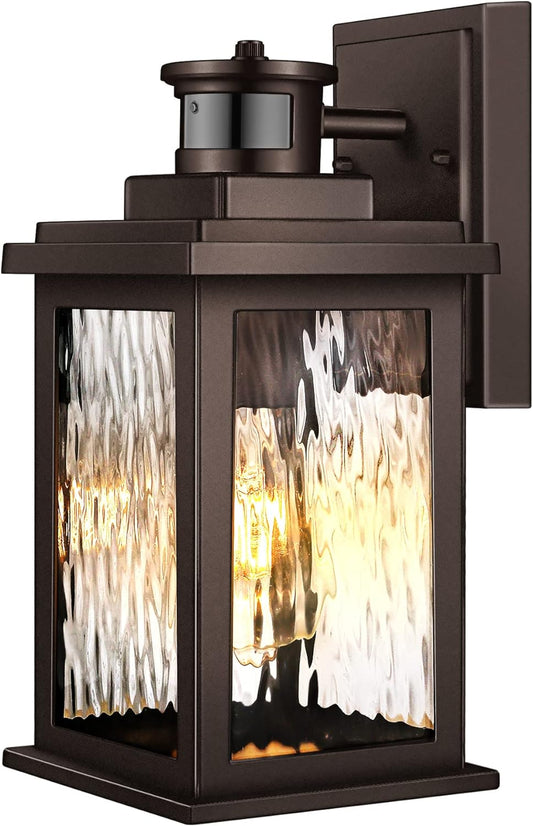 VIANIS Outdoor Motion Sensor Lights for House Oil-Rubbed Bronze, Exterior Waterproof Porch Lights Fixture Wall Mount for House, Aluminum Wall Lantern with Tempered Ripple Glass for Garage Entrance