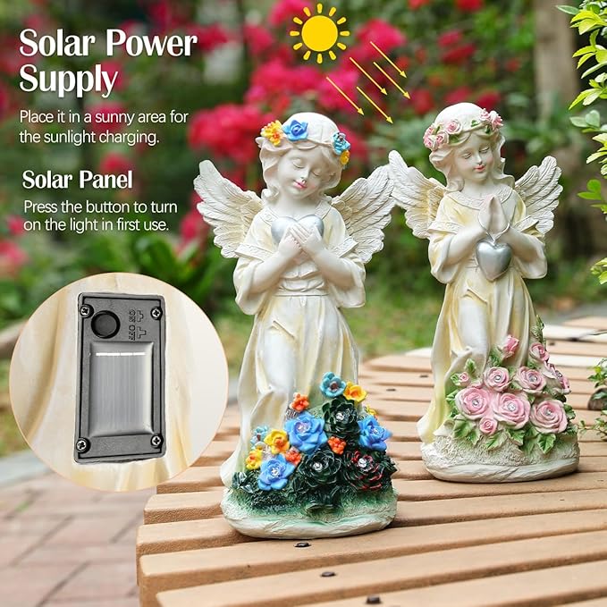 Angel Garden Statue 2Pcs,Love Heart Solar Garden Decor with Warm Light,Waterproof Praying Angel Statue with Flowers,Outdoor Garden Decor Sculpture for Lawn Yard Patio Garden Gifts,Apricot