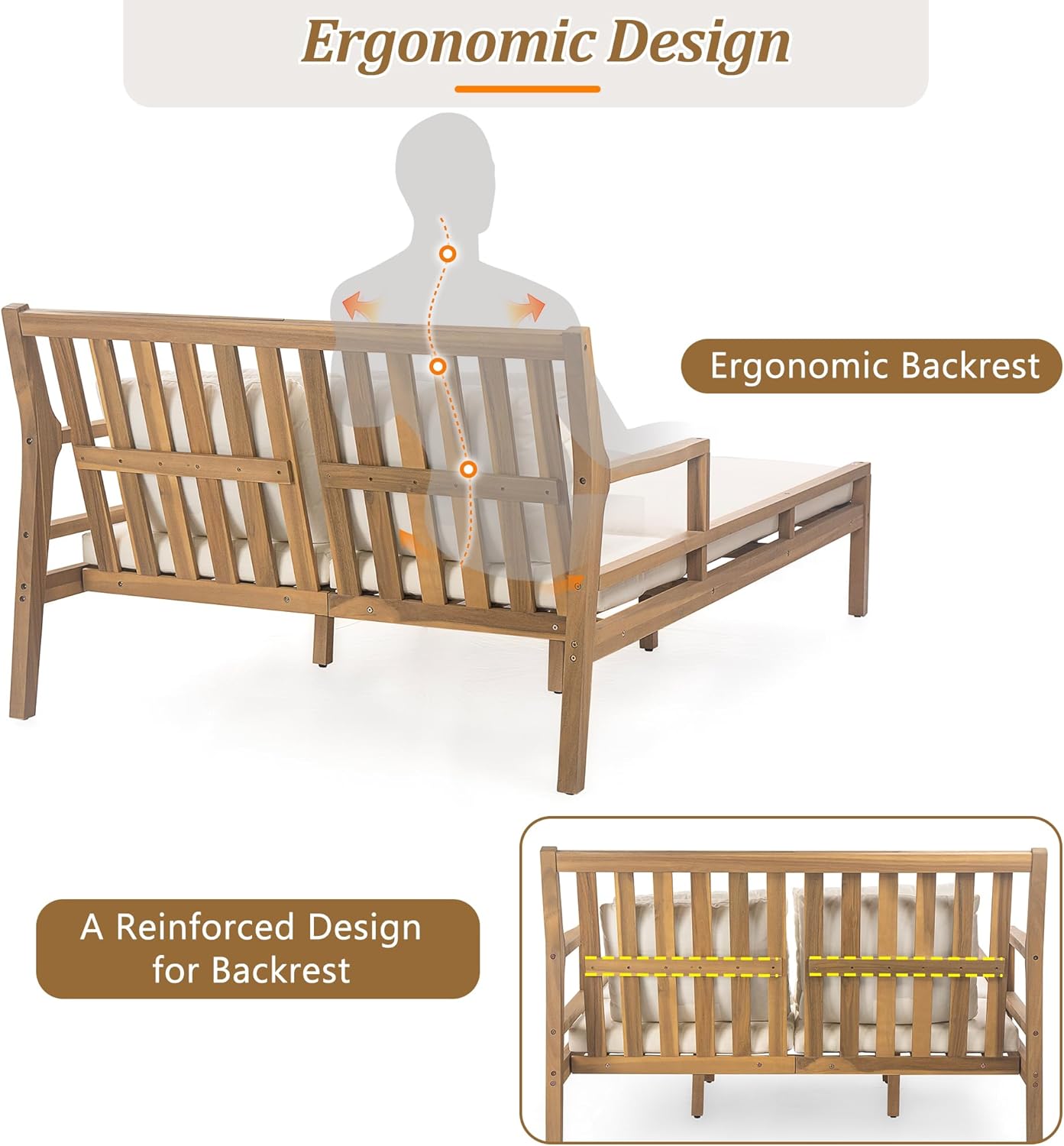 Merax Outdoor Daybed, 3 Seater Acacia Wood Daybed, Patio Day Bed with Four Pillows, Wooden Outdoor Bed with Curved Armrests for Poolside, Backyard, Garden, Light Teak