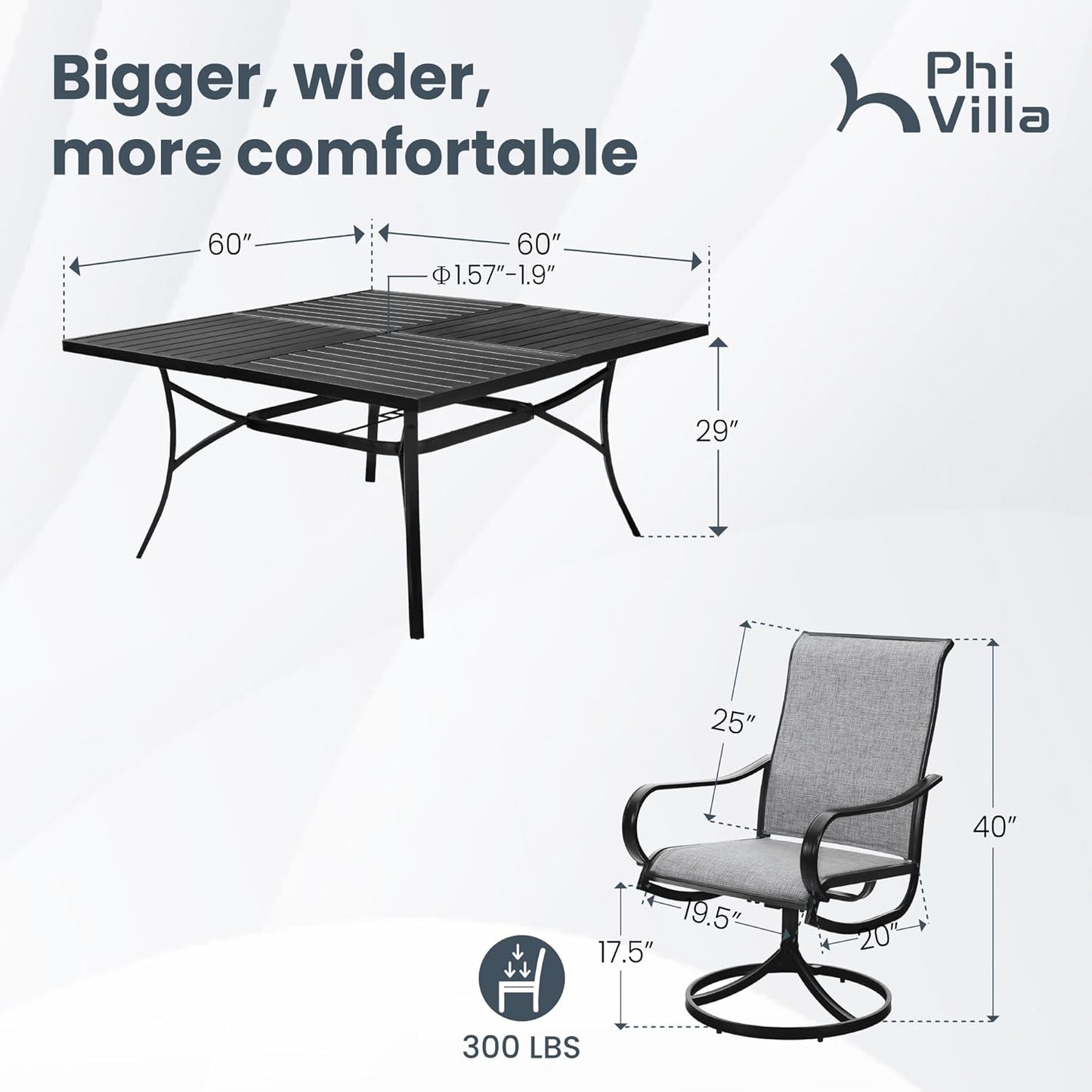 PHI VILLA 9 Piece Outdoor Patio Dining Set, Large Square Metal Dining Table and 8 Outdoor Swivel Dining Chairs, Patio Table and Gray Chair Furniture Dining Set for 8 Person