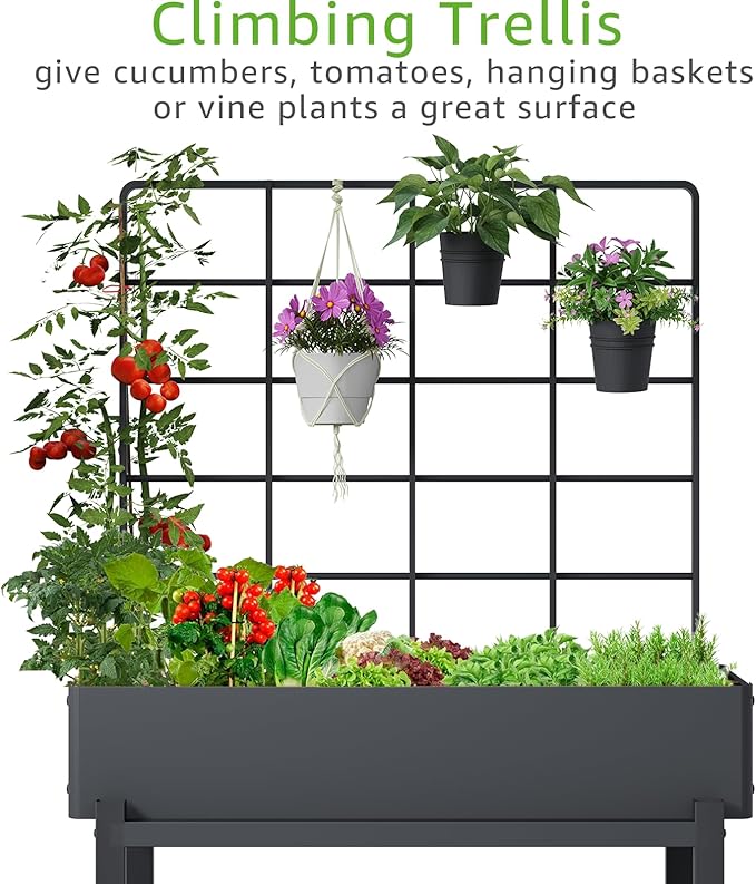 Elevated Planter Box with Trellis Raised Garden Bed with Legs Outdoor Standing Flower Beds for Patio Vegetable Herb