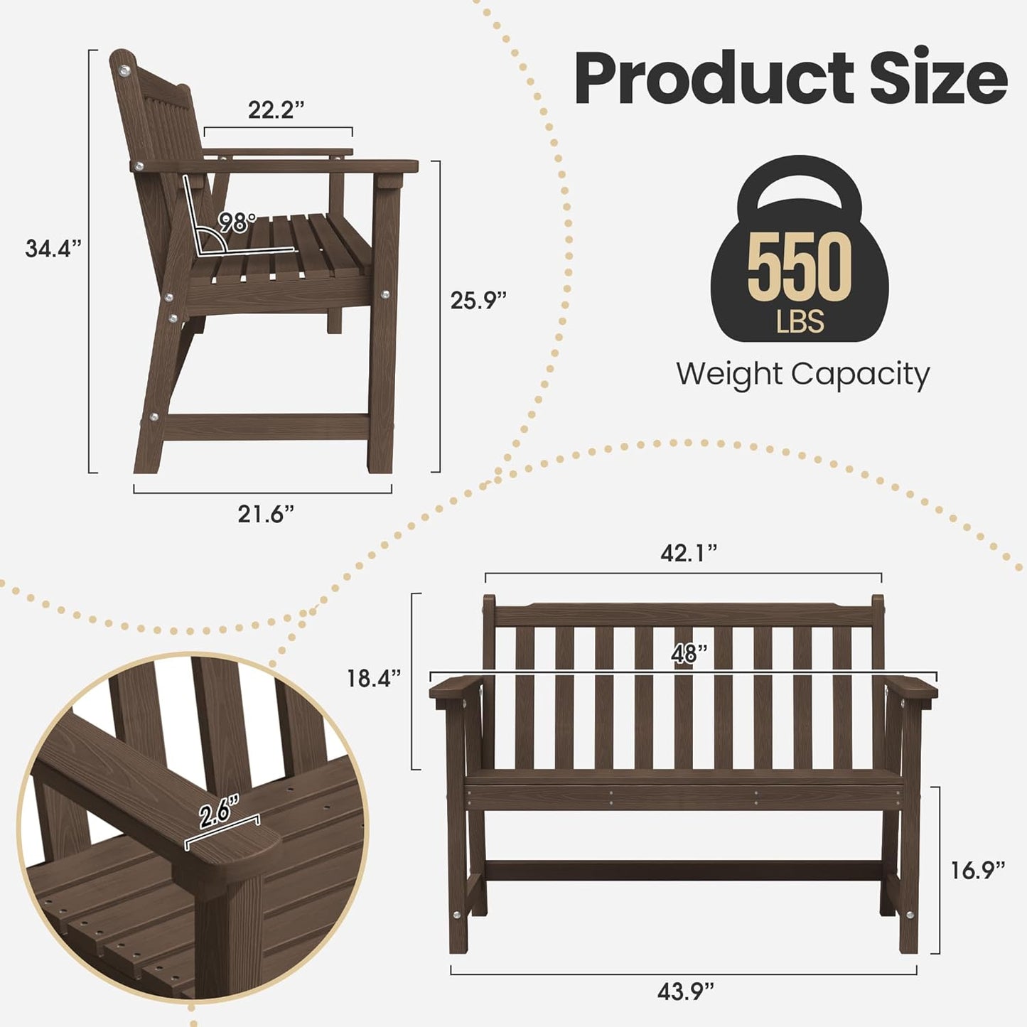 Ciokea 44" Outdoor Bench Set of 2, HDPE Weatherproof Garden Bench, 2-Person Memorial Benches with 550 Lbs, Waterproof Patio Porch Benches for Outside Business Deck Office Backyard Balcony, Brown