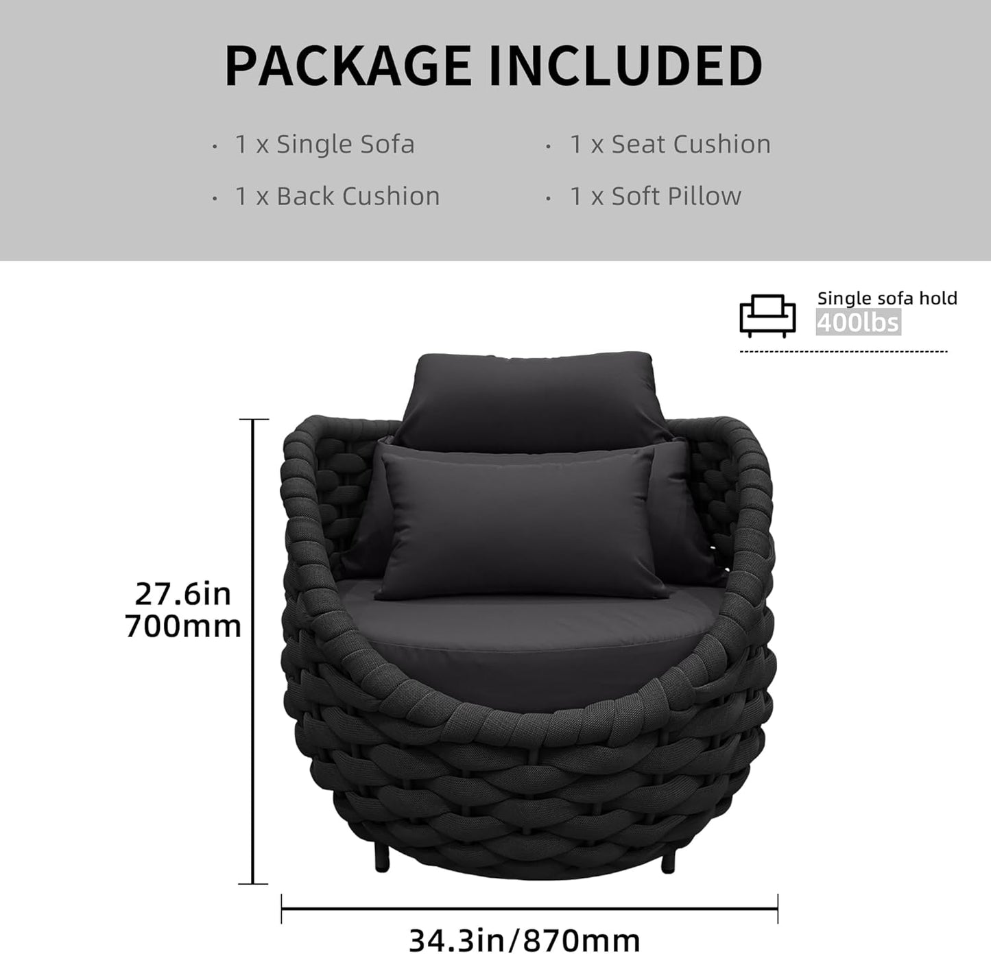 TWT Patio Sofa All-Weather Textilene Rope Balcony Furniture with Cushions & Pillows, Patio Couch Outdoor Patio Furniture Set for Patio, Balcony, Backyard, Deck, Poolside,Dark Grey