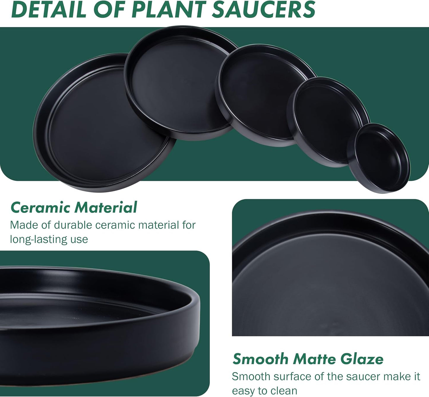 D'vine Dev Modern Round 5.4 Inch Ceramic Plant Pot Saucer, Planter Pot Drainage Tray for Indoor Plants, Set of 2, Matte Black, 97-T-B-22