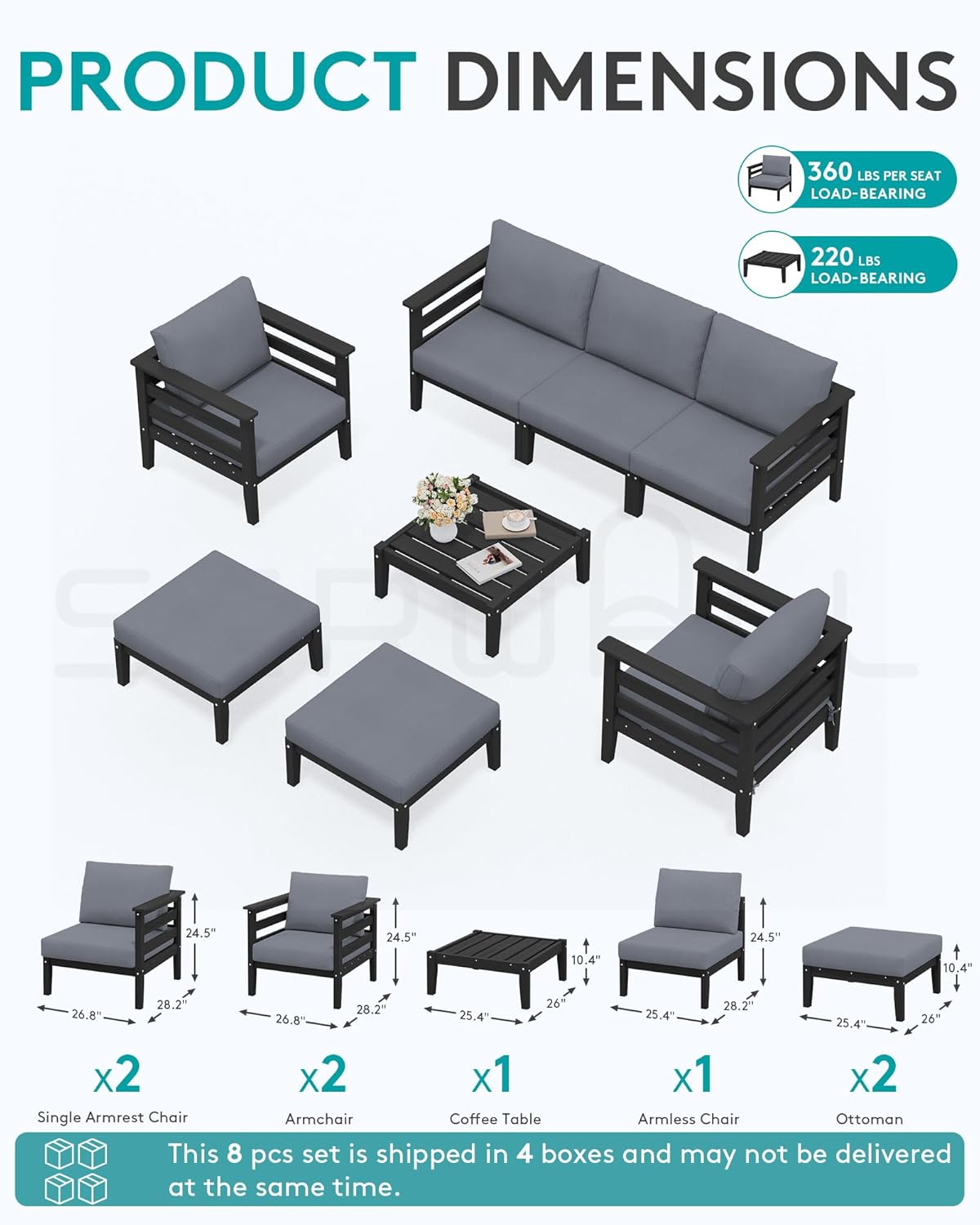 SERWALL HDPE Patio Furniture Set, 8 Pieces Composite Outdoor Furniture, All-Weather Wood-Like Outdoor Sofa Couch with Coffee Table for Deck, Lawn, Black Frame with Grey Cushion