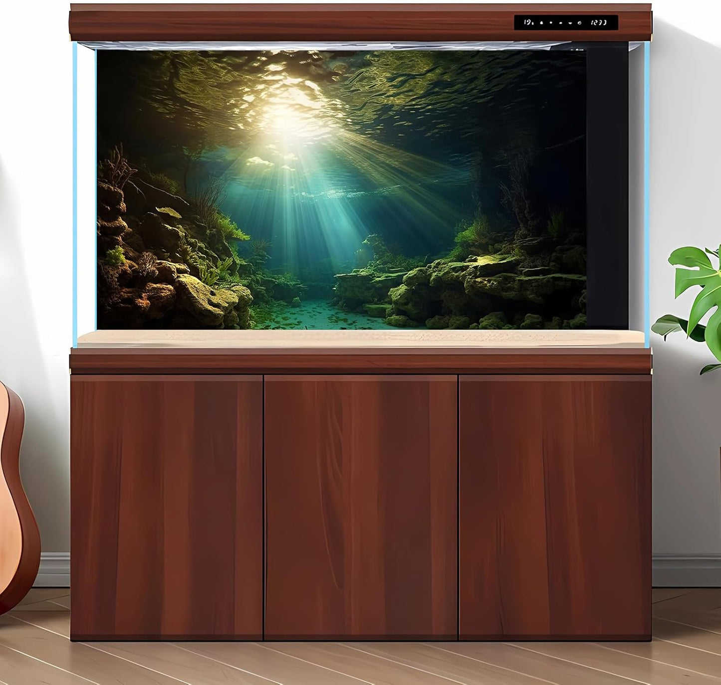 Fish Tank Background Under The Sea Aquarium Background Ocean Floor Sunray Rock Terrarium Backgrounds Coral Reef Aquatic Plants Underwater Cave Aquarium Wallpaper for Fish Tank Decorations 24x16in