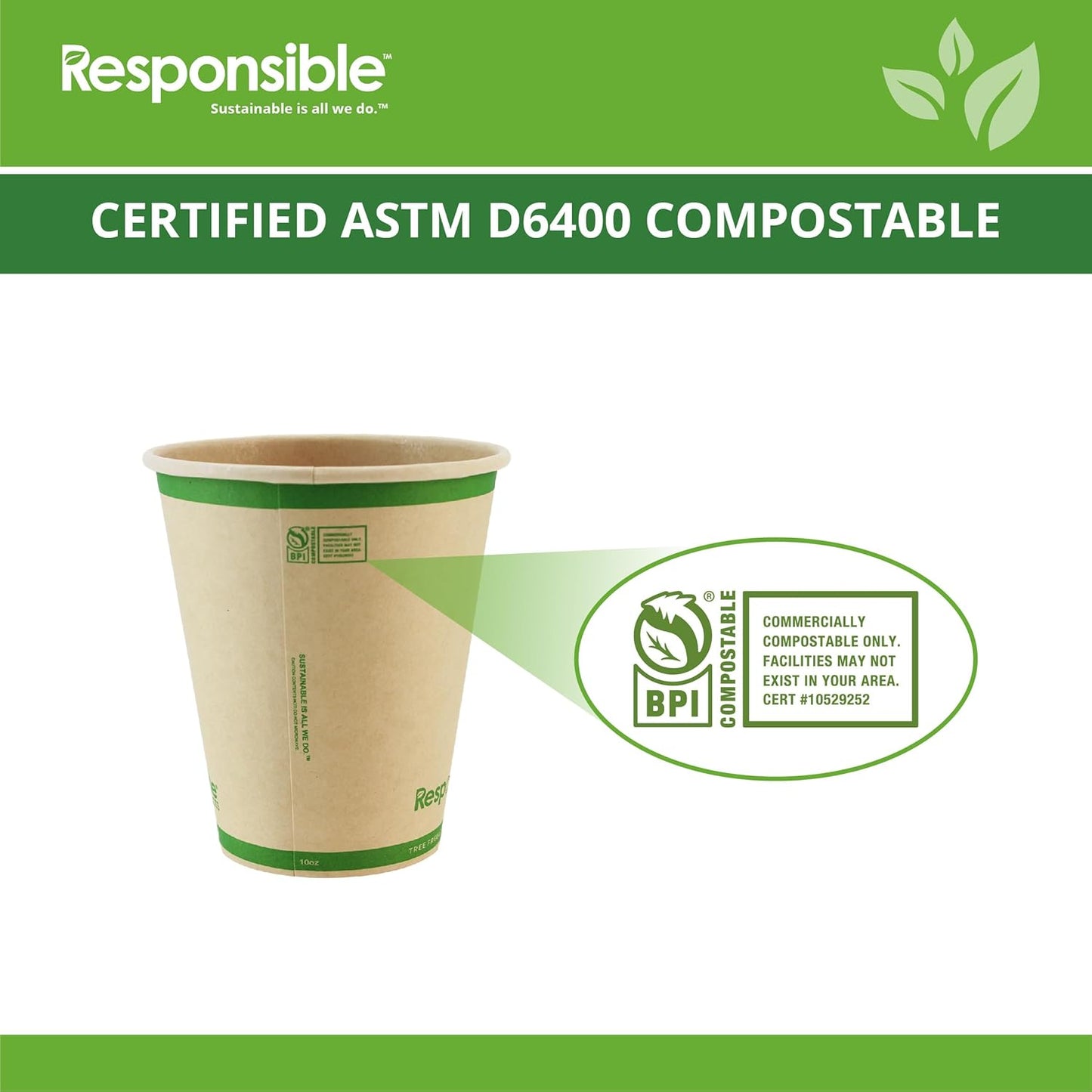 Certified Compostable 10 oz Paper Cups, Cold ＆ Hot Coffee Cups, Disposable Paper Cups, Extra Strength Disposable Cups, Made without PFAS (50 count)