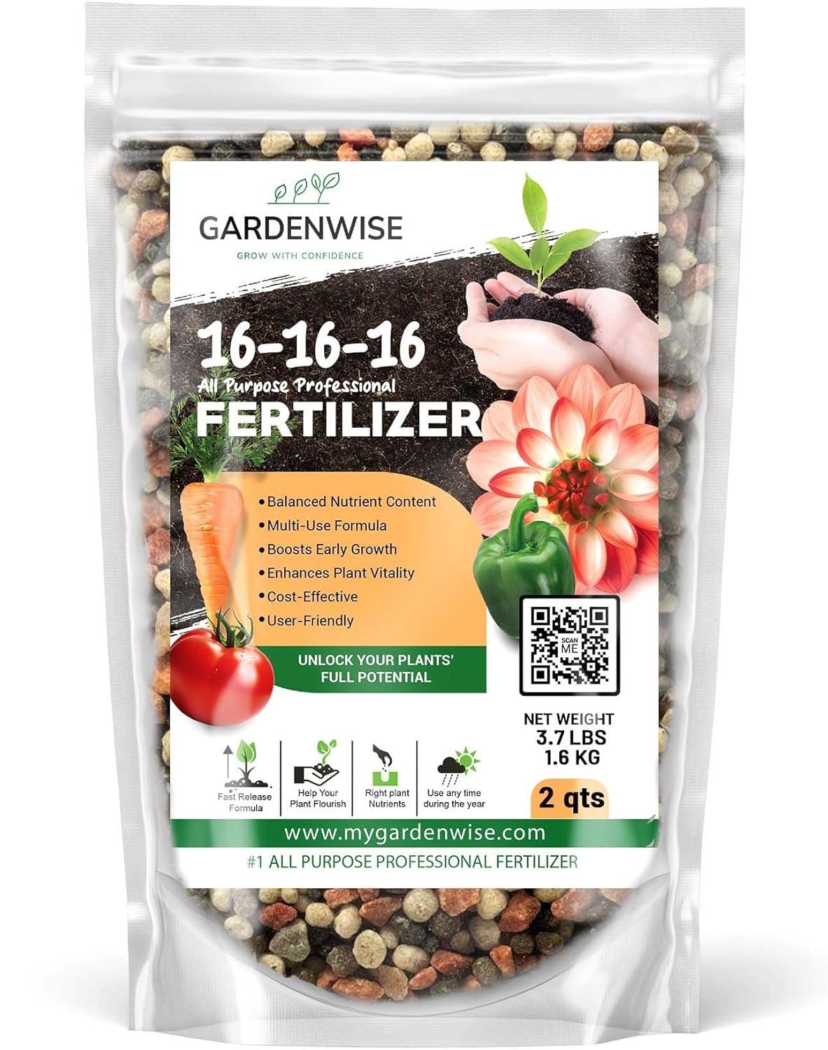 16-16-16 All Purpose Professional Fertilizer - Lawn, Flower, Tree, Shrub & Vegetable Garden Fertilizer (2 Quarts)