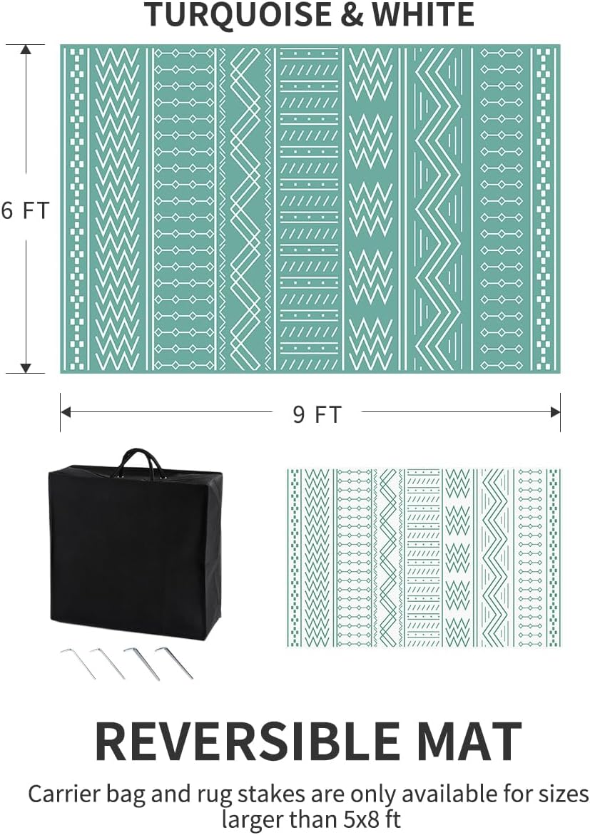 Outdoor Rug Carpet Waterproof 6x9 ft Patio Rug Mat Indoor Outdoor Area Rug for RV Camping Picnic Reversible Lightweight Plastic Straw Outside Rug for Patio Decor Decoration Boho Rug Turquoise White