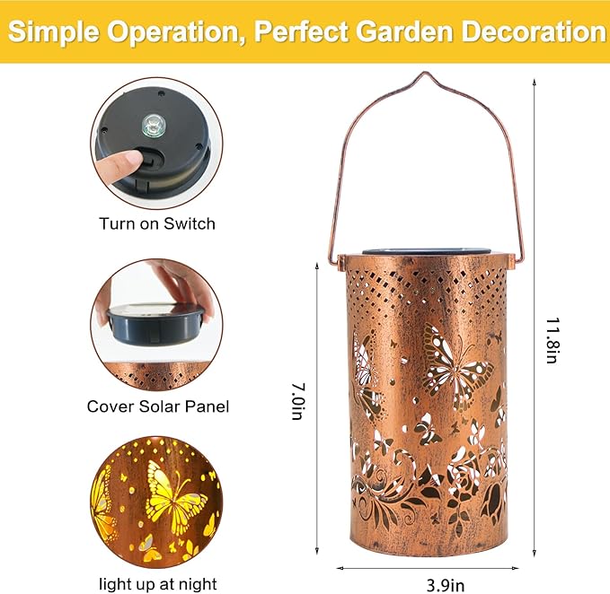 Mothers Day Gifts, 4 Packs Solar Lanterns Outdoor Hanging Lantern Lights, 4 Butterflies Hollowed-Out Metal Decor Lantern, Waterproof LED Decorative Garden Light Gifts