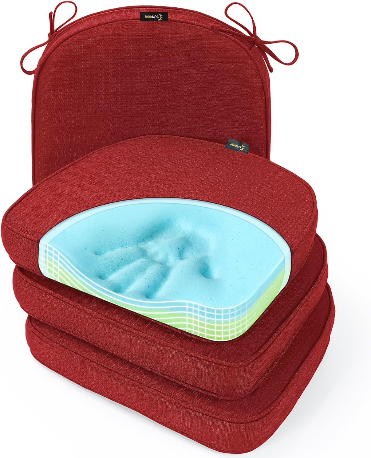 SUNROX Gel Memory Foam Chair Cushions, FadeShield Water-, Stain-Resistant Durable Reversible Seat Cushion Pads with Ties for Indoor/Outdoor Kitchen Dining Office, 19"x19", Set of 4, Burgundy