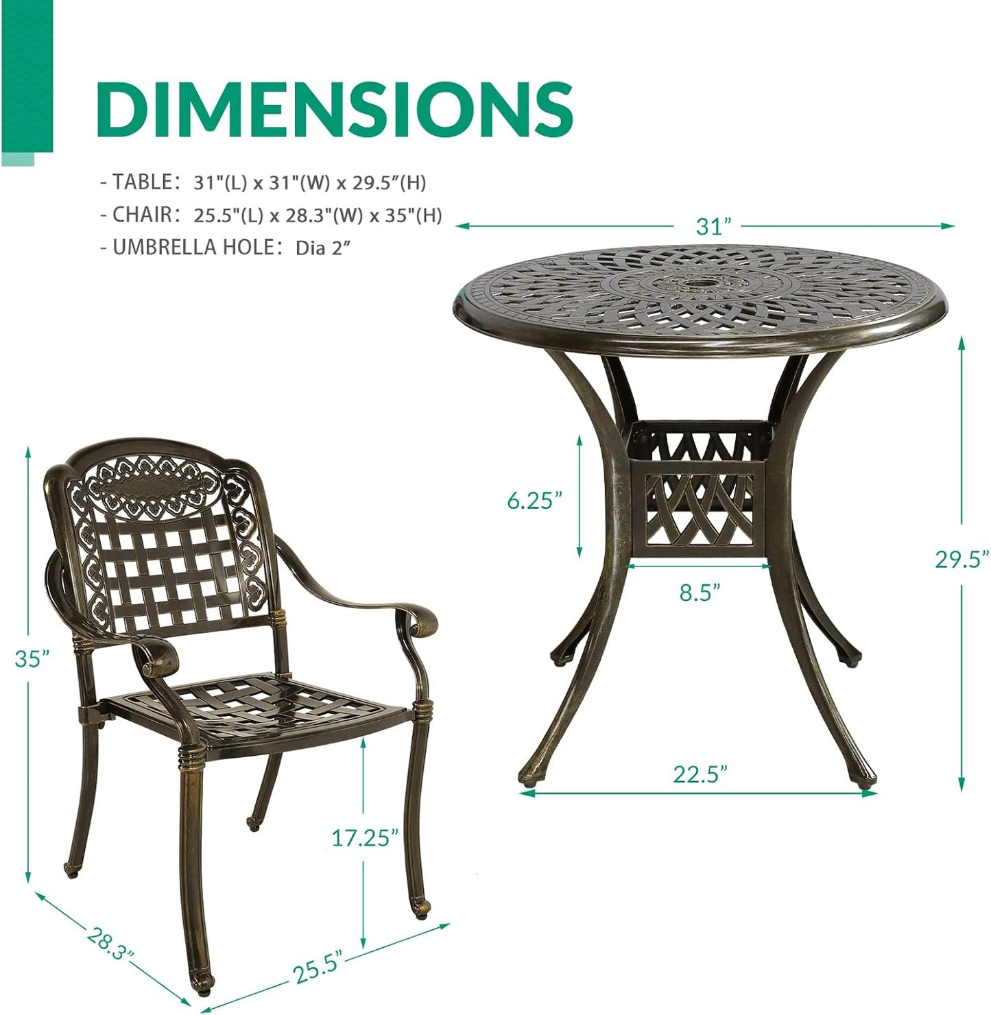VIVIJASON 3-Piece Outdoor Patio Bistro Set, All-Weather Cast Aluminum Furniture Dining Sets Include 2 Chairs and 31" Round Table w/Umbrella Hole for Balcony, Lawn, Garden, Backyard, Antique Bronze
