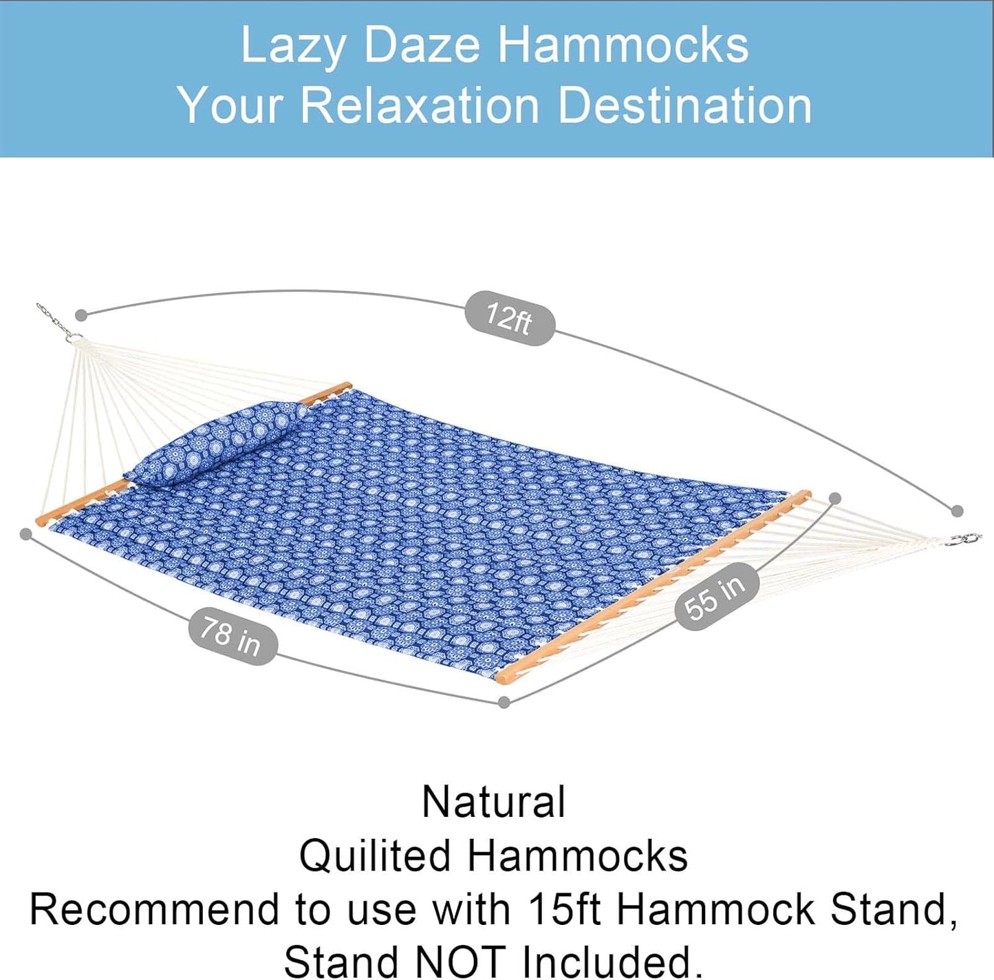 Lazy Daze Hammocks 12 FT Double Quilted Fabric Hammock with Spreader Bars and Detachable Pillow, 2 Person Hammock for Outdoor Patio Backyard Poolside, 450 LBS Weight Capacity, Blue Floral,HM003648