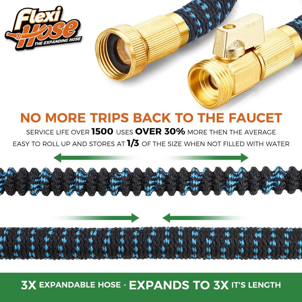 Flexi Hose with 8 Function Nozzle, 100FT - Lightweight Expandable Garden Hose, No-Kink Flexibility, 3/4 Inch Solid Brass Fittings and Double Latex Core