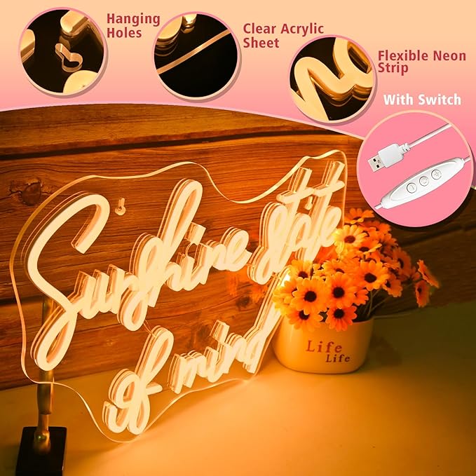Sunshine State of Mind Neon Sign for Wall Decor,Neon Light Sign for Cafe Bar Kitchen Restaurant Coffee Dessert Shop Party