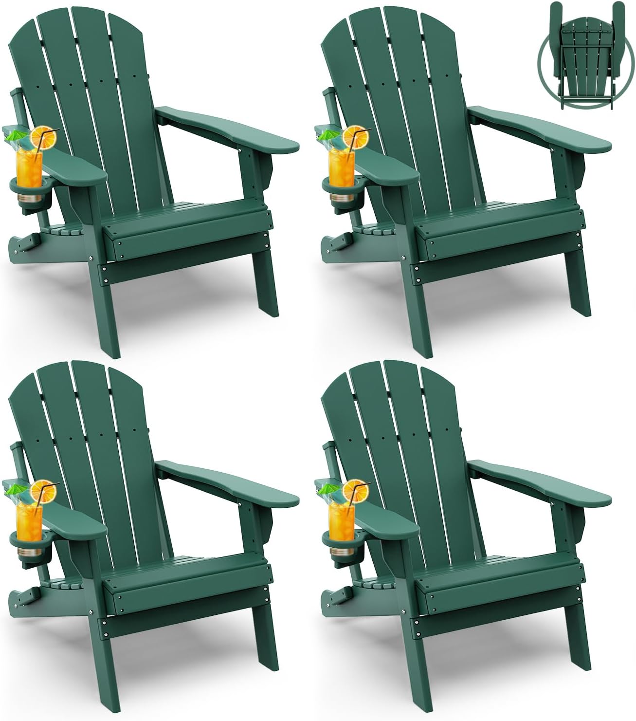 GREENVINES Folding-Adirondack-Chairs-Set-of-4 | HDPE Plastic | Fire Pit Chair | All Weather | Cup Holder | Forest | for Deck Backyard Patio Outdoor Garden