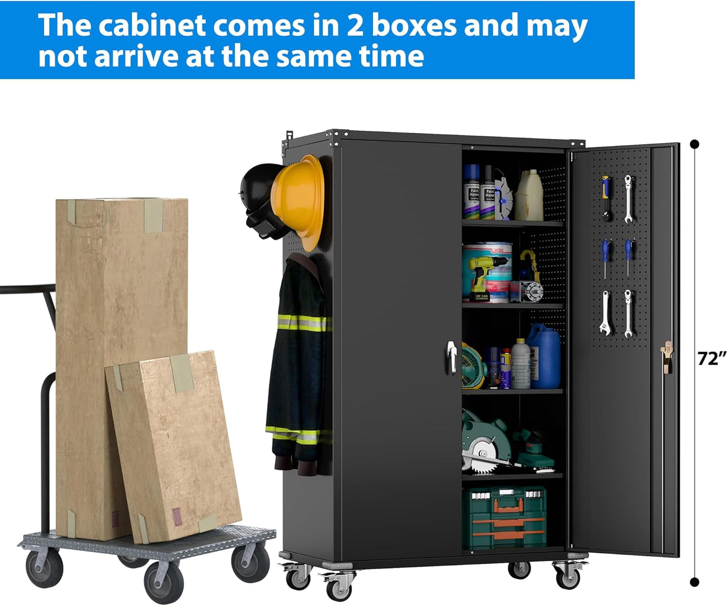 Upgraded Wide & Deep Extra Large Metal Storage Cabinet on Wheels,Lockable Garage Cabinets with 3 Pegboards,2 Tool Pouches for Garage,Office,Assembly Required,Black,43.3''W x 21.6''D x 72''H